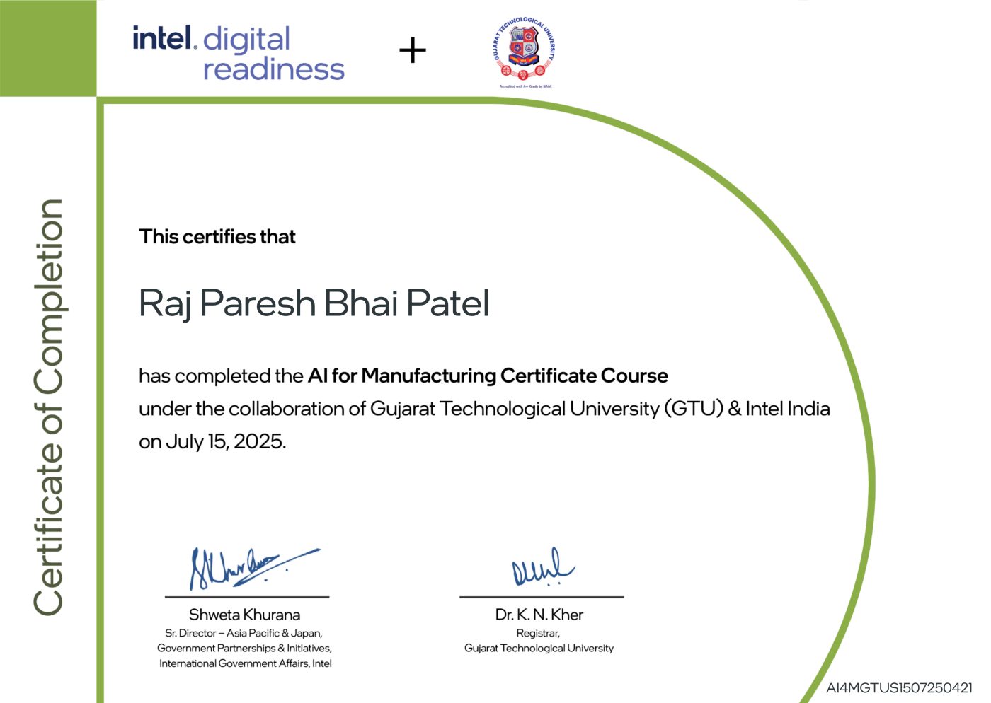 Intel AI for Manufacturing certificate